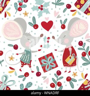 Vettore di Seamless pattern con Cartoon carino topi in stile scandinavo. Piatto mouce ratto giovane nell'amore. Ornato illustrazione per il Nuovo Anno 2020. Illustrazione Vettoriale
