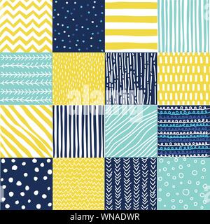 Seamless pattern in stile scarabocchio. Disegnata a mano colore blu e giallo set di pattern Illustrazione Vettoriale