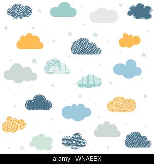 Infantile sfondo senza soluzione di continuità con le nuvole e stelle Illustrazione Vettoriale