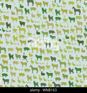 Gli animali della fattoria silhouette perfetta pattern. Animali da zoo in stile cartoon per imballaggio alimentare design. Mucca, pecora, maiale, cavallo,struzzi, cane da guardia, anatra, coniglio, oca e carne di maiale Illustrazione Vettoriale