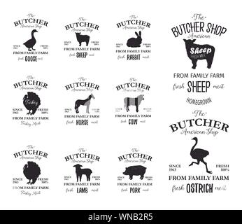 Butcher Shop americano etichette set design con ostrich, Turchia bird, cavallo, mucca, agnello. Gli animali della fattoria grunge Logo templates. Sagome di animali. Può essere utilizzato per la tipografia banner e pubblicità Illustrazione Vettoriale