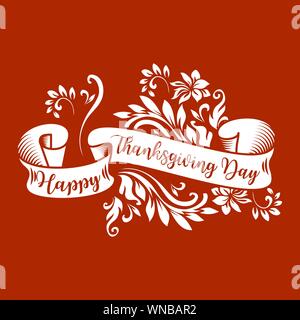 Felice ringraziamento auguri su vintage white ribbon. Handdrawn nastro bianco con scritte su sfondo marrone per la festa del Ringraziamento di design. Illustrazione Vettoriale