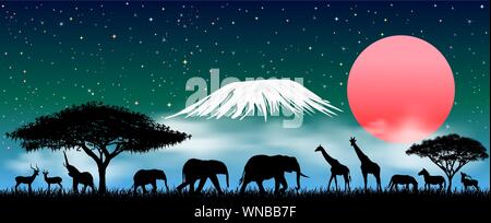 Sagome di animali selvatici della savana africana. Animali africani di notte contro lo sfondo di Kilimanjaro. Cielo stellato e le nuvole. Illustrazione Vettoriale