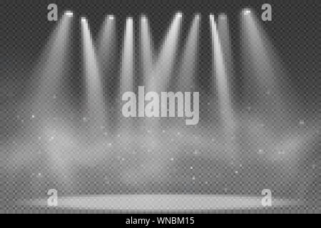 Faretti isolato su sfondo trasparente. Proiettore per il podio. Effetto luce per una discoteca. Il fumo con particelle incandescenti. Grandioso spettacolo. Vettore i Illustrazione Vettoriale