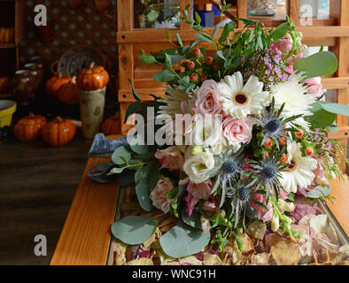 Bouquet nuziale traboccante di rose, cardo, COSMO, bacche di Hypericum, fuji mamme, garofani, lisianthus, Silver Dollar eucalipto, ecc. Foto Stock