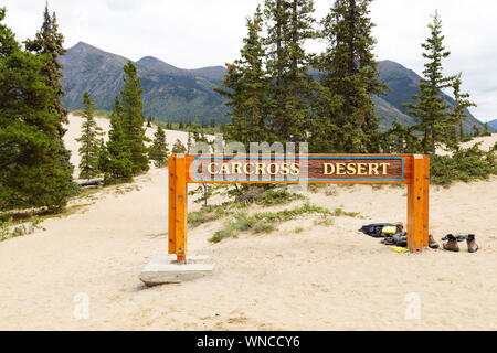 Segno per il Carcross Desert nello Yukon, Canada. Il paesaggio arido è il più piccolo al mondo deserto. Foto Stock