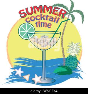 Estate cocktail poster tempo. illustrazione vettoriale. ciao estate poster del vettore. summer time flyer con Sun e palme. Illustrazione Vettoriale