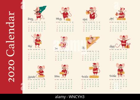Anno nuovo calendario 2020. Vettore di piatto set di poco cartoon mouse. Buon Natale e felice anno nuovo topi collezione. Illustrazione Vettoriale
