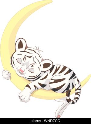 Carino white tiger cub dormire sulla luna Illustrazione Vettoriale