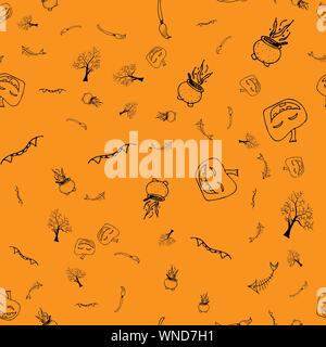 Halloween doodle seamless pattern impostato isolati su sfondo bianco. Set di contorno del disegno senza soluzione di continuità con il nero Halloween doodle elementi. Profilo coll Illustrazione Vettoriale