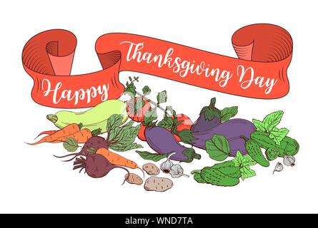 Happy Thanksgiving Day poster modello con diversi ortaggi e nastro vintage. Super illustrazione con nastro rosso ans auguri per le feste Illustrazione Vettoriale