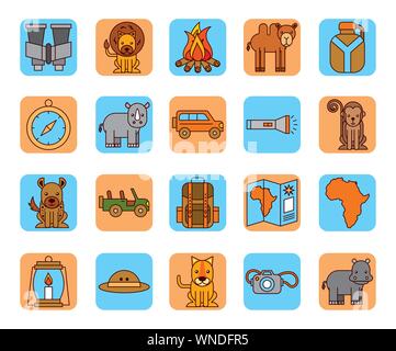 Bundle di African Safari icone Illustrazione Vettoriale