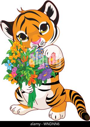 Carino tiger cub con fiori Illustrazione Vettoriale