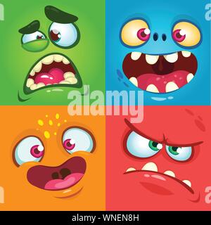 Cartoon monster facce set. Set di vettore di Halloween quattro facce di Monster Illustrazione Vettoriale