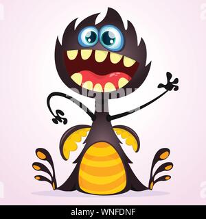 Vector cartoon dragon monster con piccole ali. Black Dragon Character agitando la mano. Un peloso black dragon illustrazione. Mostro nero con grande bocca un Illustrazione Vettoriale