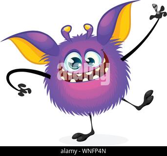 Vector cartoon Halloween monster sventolare. Pelliccia viola di forma rotonda monster con grandi orecchie dancing. Monster game character Illustrazione Vettoriale