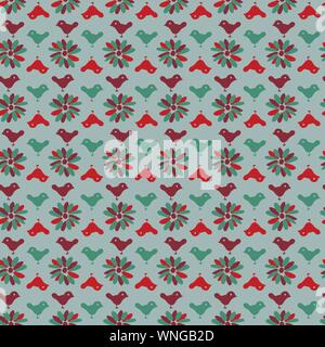 Vettore senza giunture folk pattern di natale con fiori semplici e sagome di uccelli Illustrazione Vettoriale
