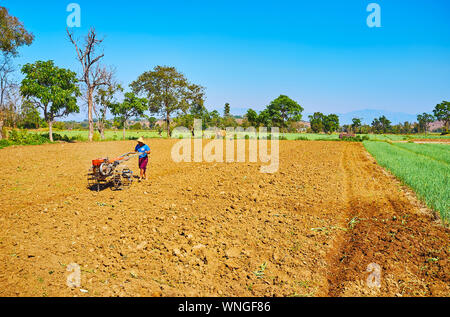 HUM PHO, MYANMAR - Febbraio 20, 2018: appena campo arato, circondato dal verde e con una vista sul giovane agricoltore, lavorando con timone, nel febbraio Foto Stock