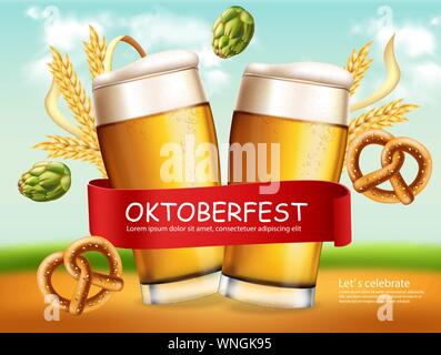 Boccali da birra banner October Fest realistica del vettore. Fresca birra frizzante con pretzel. 3d illustrazione dettagliata modello Illustrazione Vettoriale