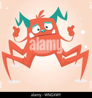 Cartoon carino monster spider. Halloween rosa e cornuto monster carattere. Isolato su sfondo chiaro Illustrazione Vettoriale