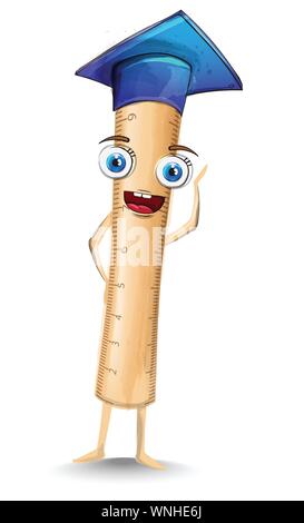 Righello dei cartoni animati di vettore. Felice scuola smilling concetto. Tappo di graduazione Illustrazione Vettoriale