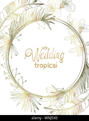 Scheda di nozze golden tropic fiori linea del vettore art. Estate cornice floreale decorazione Illustrazione Vettoriale
