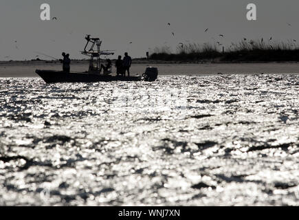 Pescatore del pesce per Tarpon al largo della costa della Egmont Key presso l'entrata di Tampa Bay nei pressi di San Pietroburgo, Florida Foto Stock