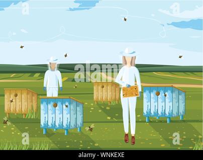 Gli apicoltori vettore di lavoro. Prodotto organico. Ambiente naturale per la produzione di miele Illustrazione Vettoriale
