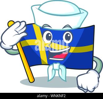 Sailor bandiera della Svezia carattere issata in cartoon pole Illustrazione Vettoriale