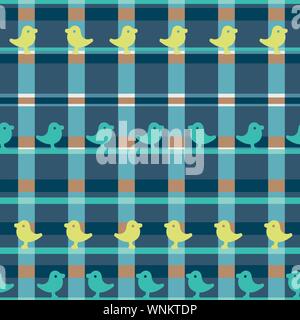 Vettore di seamless plaid pattern con rettangoli colorati e sagome di uccelli Illustrazione Vettoriale