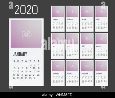 Pocket layout di calendario per 2020 anni. Inizia settimana da domenica. Set scrivania modello di calandra. Luogo per le foto e il logo della società. Set di dodici mesi Illustrazione Vettoriale