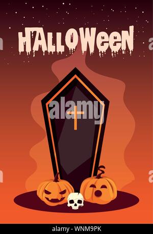 Il poster di halloween con bara e icone illustrazione vettoriale design Illustrazione Vettoriale