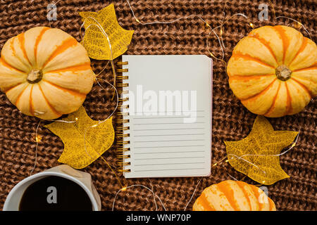 Autunno cornice fatta di zucca, notebook, una tazza di caffè e foglie cadute sul marrone felpa lavorata a maglia. Caduta, Halloween e concetto di ringraziamento. Vista superiore Foto Stock