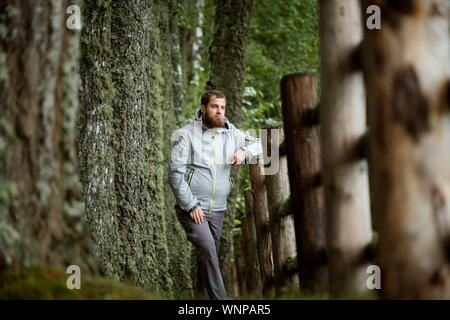 Un uomo si erge su un bel viale porticato di muschio alberi coperti e una vecchia recinzione di legno Foto Stock