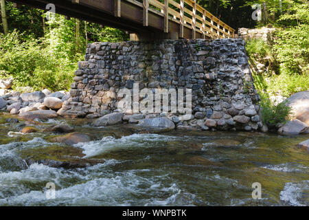 Un ponte pedonale, che attraversa Franconia Brook, lungo il Lincoln Woods Trail a Lincoln, New Hampshire. Foto Stock