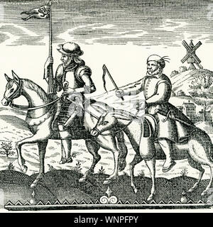 Questa illustrazione mostra il Don Chisciotte (sinistra) e Sancho Panza. È il titolo della pagina dalla prima edizione di Cervantes. Don Chisciotte è una mezza età gentleman dalla regione di La Mancha in Spagna centrale, che è ossessionato con gli ideali cavallereschi lodato per i libri che ha letto. Dopo una prima avventura non riuscita, egli espone su una seconda con un modo un po' confuso operaio chiamato Sancho Panza, che egli ha convinto ad accompagnarlo come suo fedele scudiero. Il romanzo è stato pubblicato nel 1605 da scrittore spagnolo Miguel de Cervantes. Foto Stock