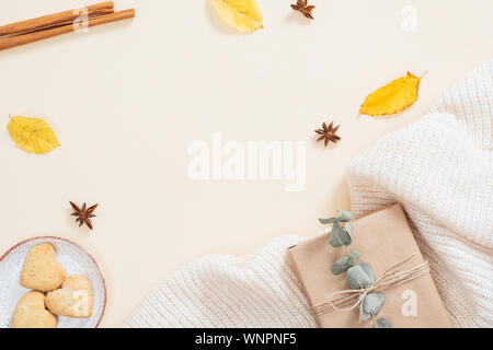 Composizione d'autunno. Cornice fatta di estratto secco di foglie di autunno, sciarpa lavorata a maglia confezione regalo, cookie, bastoncini di cannella pastello su sfondo beige. Appartamento laico, vista dall'alto, Foto Stock