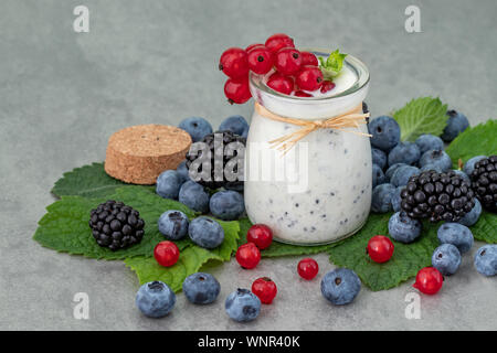 Il dessert di pitahaya polpa con crema, mirtilli, lamponi, more, ribes rosso e foglie di menta Foto Stock