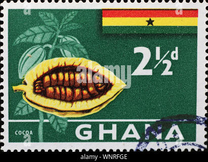 Pod di cacao sul francobollo del Ghana Foto Stock