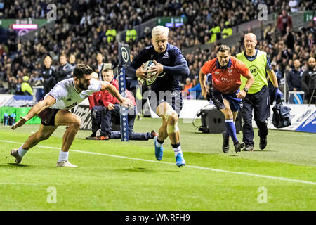 Edinburgh, Regno Unito. 06 Sep, 2019. Edimburgo, Scozia - Settembre 06: Scozia vs Georgia Scotlands 11, Darcy Graham punteggi a provare durante la international test estivi a BT Murrayfield venerdì 06 settembre 2019 ( Credito: Rob grigio/Alamy Live News Foto Stock