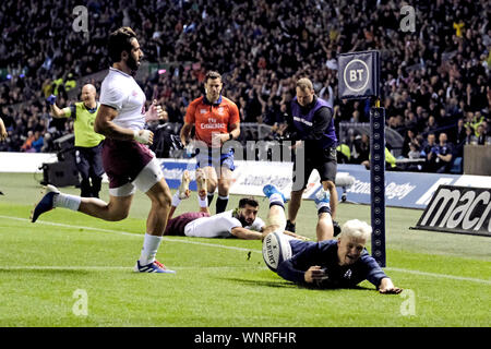 Edinburgh, Regno Unito. 06 Sep, 2019. Edimburgo, Scozia - Settembre 06: Scozia vs Georgia Scotlands 11, Darcy Graham punteggi a provare durante la international test estivi a BT Murrayfield venerdì 06 settembre 2019 ( Credito: Rob grigio/Alamy Live News Foto Stock