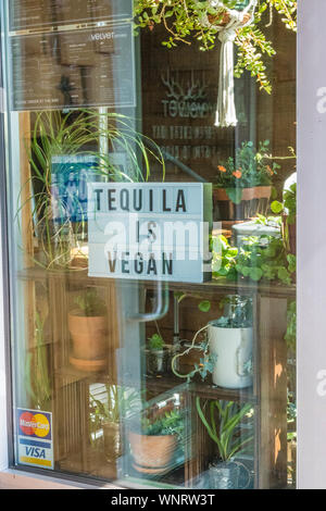 Segno divertenti Tequila è vegano in una vetrina di un negozio in curva, Oregon. Foto Stock