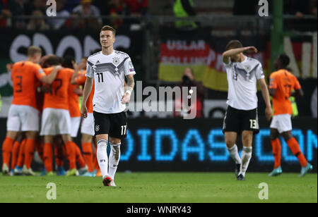 06 settembre 2019, Amburgo: Calcio: Campionato Europeo di qualificazione, Germania - Paesi Bassi, fase di gruppo, gruppo C, 5° giornata. Marco Reus dalla Germania reagisce durante il gioco. Foto: Christian Charisius/dpa Foto Stock