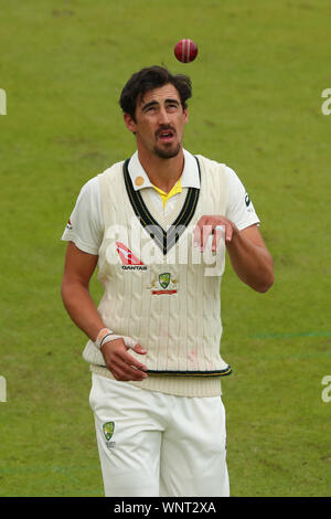 MANCHESTER, Inghilterra. 06 SETTEMBRE 2019: Starc Mitchell di Australia durante il giorno e tre la quarta Specsavers Ceneri Test Match, a Old Trafford Cricket Ground, Manchester, Inghilterra. Foto Stock