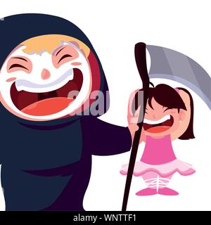 Ragazzo con la morte e la ragazza ballerina costume Halloween con zucche illustrazione vettoriale Illustrazione Vettoriale