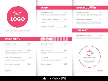 Luce moderno stile minimalista ristorante menu modello con tre colonne il layout di progettazione, rosa accento e tipografia di nizza Illustrazione Vettoriale