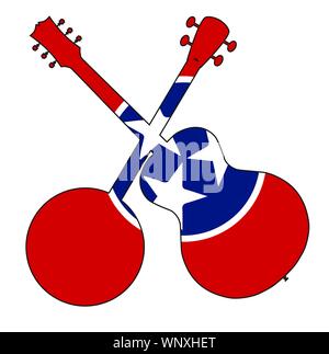 Un tipico quattro banjo stringa in silhouette con una chitarra acustica su Tennessee State flagon uno sfondo bianco Illustrazione Vettoriale