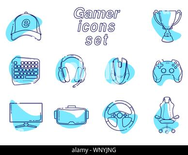Set di eSports, videogame gadget, linea icona set. I moderni dispositivi per video giochi, cuffia per realtà virtuale, attrezzature per i giocatori, joystick, tastierino, isolato su sfondo bianco. Illustrazione Vettoriale