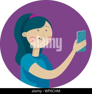 Ritratto di una donna con un telefono cellulare. Addiction sullo smartphone e Internet. Vettore illustrazione piatta Illustrazione Vettoriale