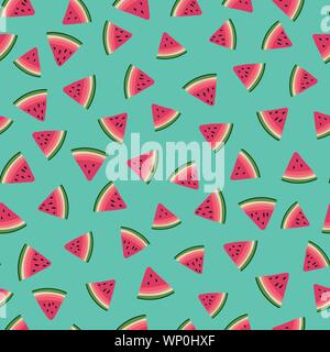 Vibrante vettore seamless pattern con pezzi di anguria su teal sfondo. Illustrazione Vettoriale